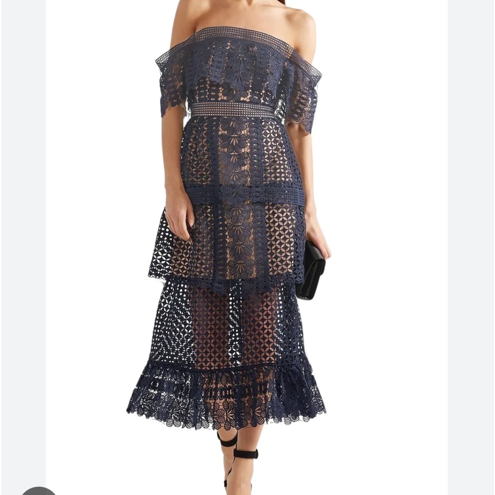 self portrait lace navy off the shoulder dress